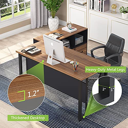 Tribesigns 63 inches Executive Desk and 47" lateral File Cabinet, L-Shaped Computer Desk Home Office Furniture Set with Drawers and Storage Shelves, Office Table with Cabinet (walnut+White, 63)