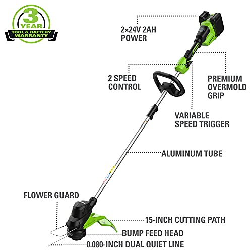 Greenworks 48V (2 x 24V) 15" Cordless String Trimmer, (2) 2.0Ah Batteries and Dual Port Charger Included