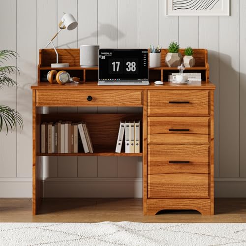 4 EVER WINNER Computer Desk with Storage Drawers and Hutch, 44 Inch Farmhouse Writing Study Desk with Monitor Stand for Small Space, Home Office Desks Wooden Desk for Bedroom, Home Office, White
