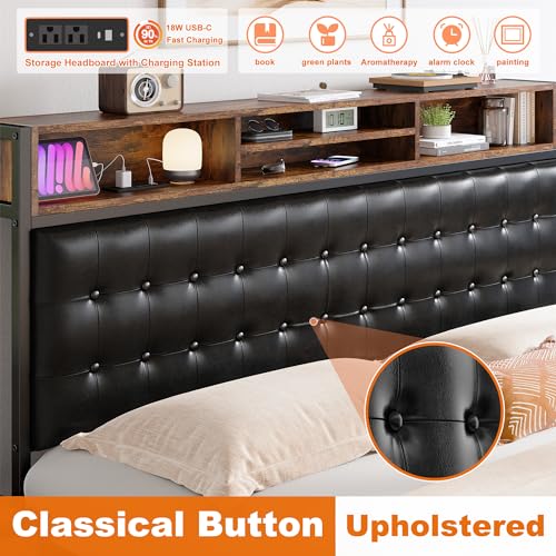 EnHomee Queen Bed Frame with 4 Drawers Bed Frame Queen Size with Headboard Loads 1100LBS Upholstered Queen Size Bed Frame with Charging Station, Queen Bed Frame with Storage, No-Noise