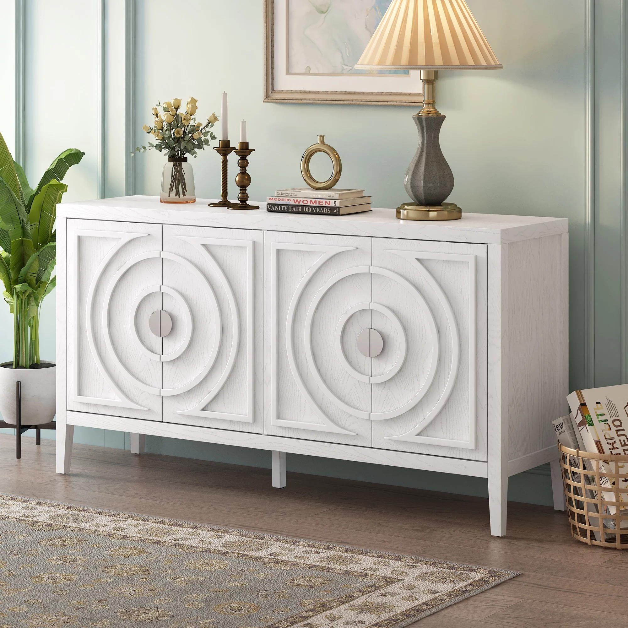 Accent Cabinet with 4 Doors, Wooden Buffet Sideboard with Adjustable Shelves, Modern Console Table, Storage Accent Cabinet for Kitchen Living Room Entryway Hallway, 60"L x 15.9"W x 32.1"H, White