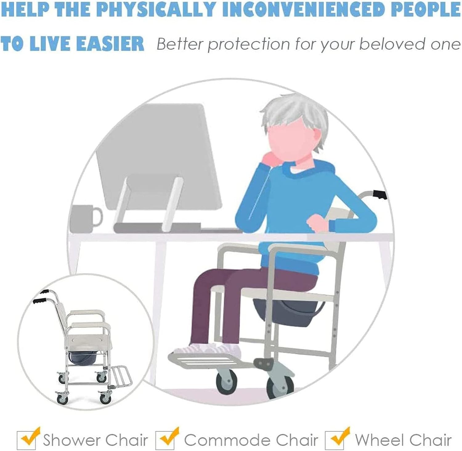 KOHARA 3-in-1 Commode Chair with Arms, Toilet Wheelchair Toilet Wheelchair for Elderly and, Bathroom Shower Chair with Wheels and Built in Toilet Toilet Chair
