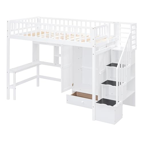 Full Size Loft Bed with Wardrobe Desk Storage Stairs, Wood Loft Bed Frame with Bookcase and Drawers, High Loft Bedframe for Kids Teens Adults, No Box Spring Needed, Espresso