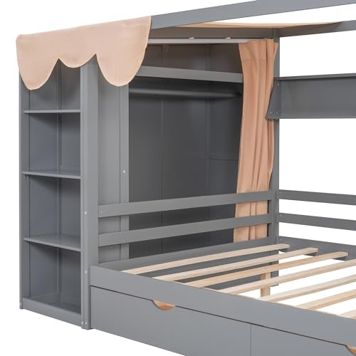 Multi-functional Twin Size House Bed with 2 Drawers and Built-in Wardrobe, Solid Wood Daybed Platform Bed Frame with Curtain Fabrics and Shelves, Maximising Space (Grey-Curt)