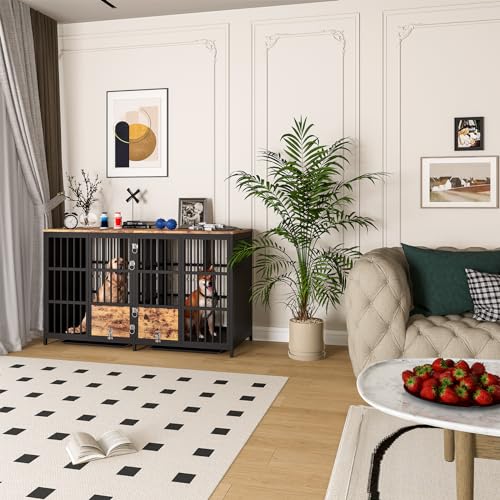 BOINN Large Dog Crate Furniture, 63 inch Heavy Duty Double Dog Crate with Divider, Extra Large Dog Kennel Furniture with Removable Trays for Medium Large Dogs