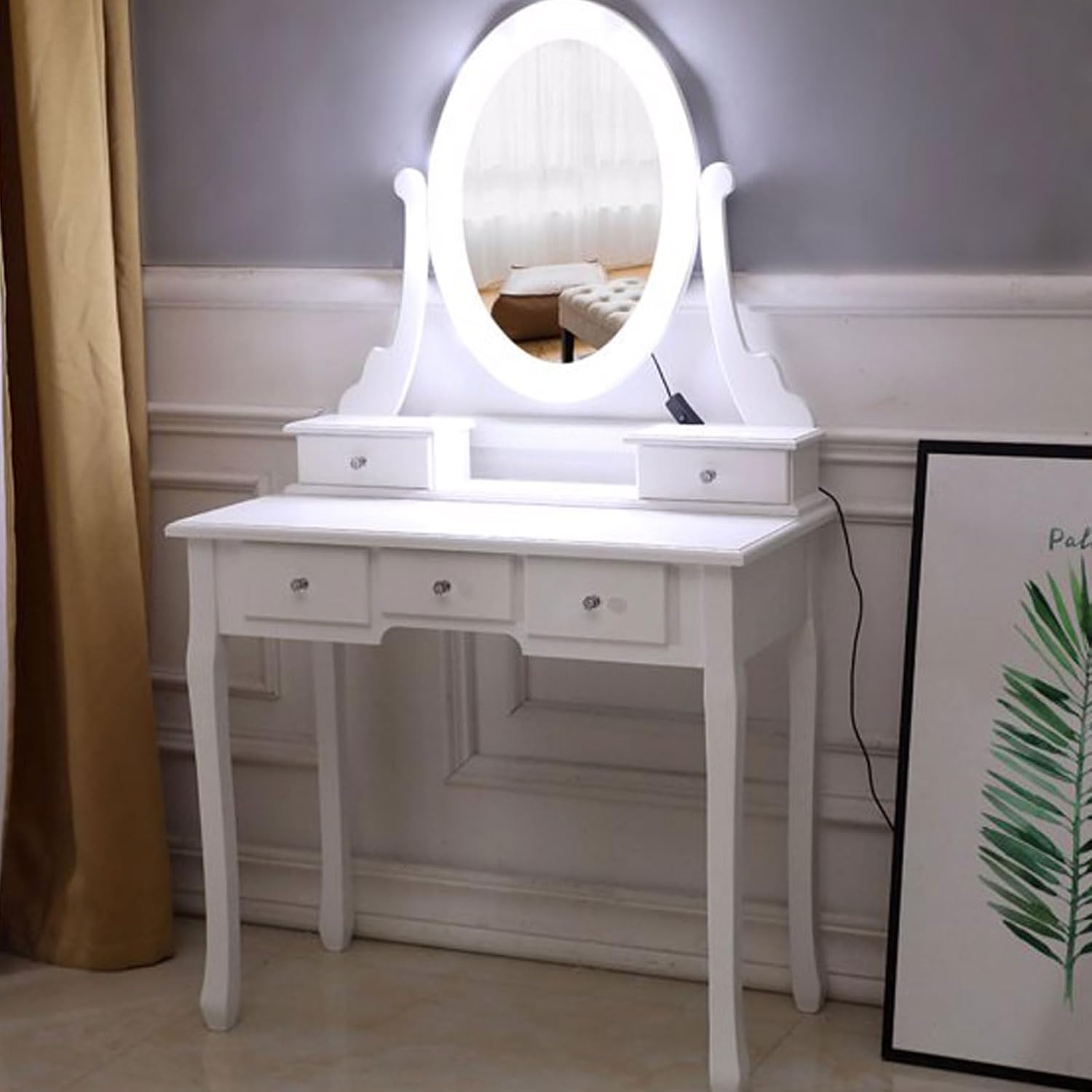 Vanity Desk with Mirror, Makeup Vanity Table with Lights and 5 Drawers Dressing Table for Bedroom Dressing Room