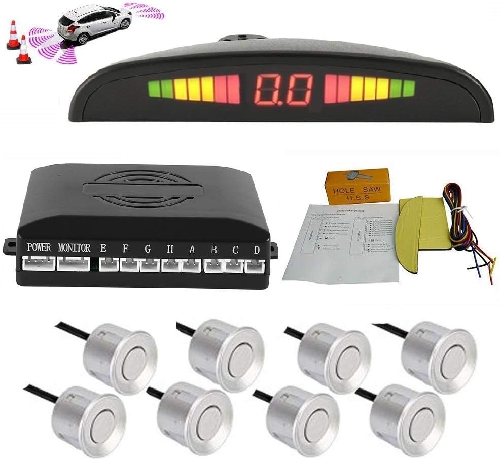 Car Parking Sensor - Bessie Sparks Car Reverse Parking Radar System 8 Reversing Sensors Kit with Front and Rear Alarm Buzzer Reminder LED Display Safe Driving (White) Pack of 2