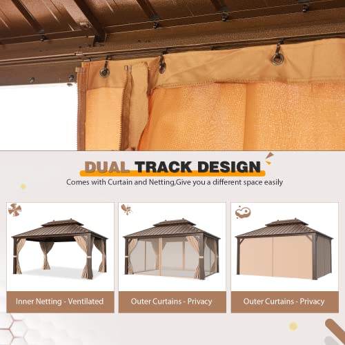 EROMMY 10' x 12' Hardtop Gazebo, Aluminum Frame Gazebos with Galvanized Steel Double Roof, Permanent Outdoor Metal Pavilion with Curtain and Netting for Patio, Lawn, Deck
