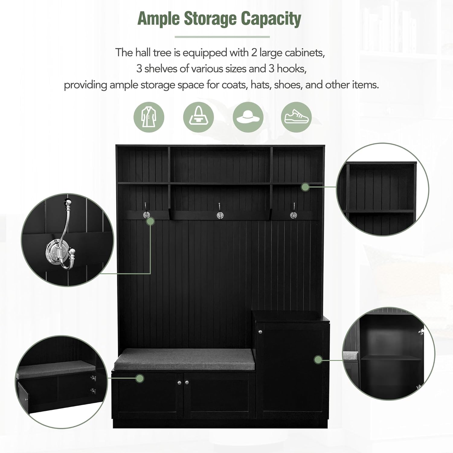 Entryway Hall Tree with Bench&cushion and Shoe Storage, Modern Elegant Design Shoe Cabinet Coat Rack with 3 Hooks for Hallway, Living Room, Black