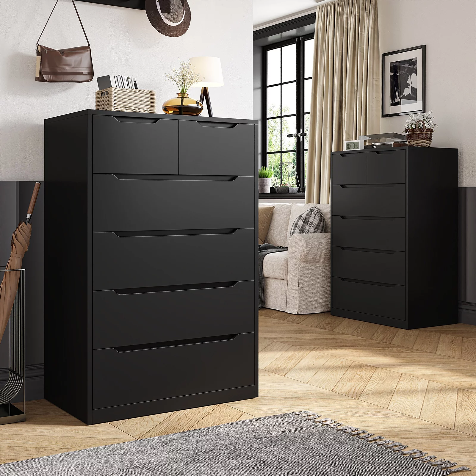 EnHomee Black Tall Dresser Wood 6 Drawer Dressers for Bedroom Wood Chest of Drawers with Smooth Metal Rail Large Dresser Modern Storage Cabinet for Home Office Living Room, 43.3"H x 27.5"L x 15.7"D