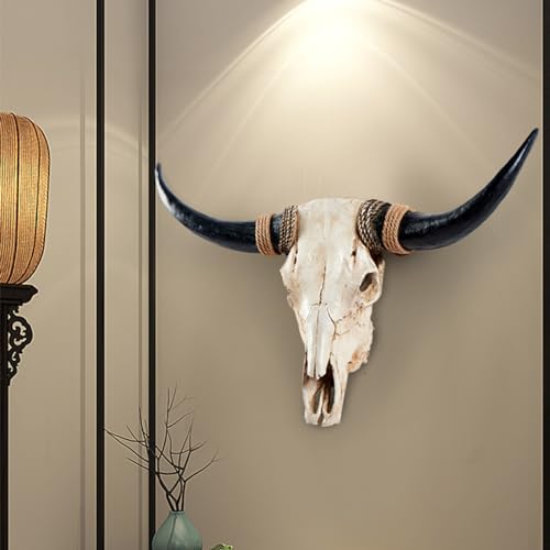 Ysjndasm Long Horns Wall Decor Cow Skull Wall Hanging - Longhorn Skull Faux Taxidermy Head Cow Skull Wall Decor Large Bull Skull Wall Sculpture Farmhouse Decor, 31 x 24 x 7 inch (Black)
