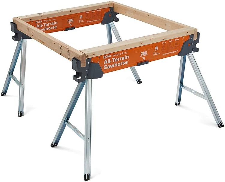 Bora Portamate All-Terrain Sawhorse, Tap to Adapt Swivel Leg for Stability on Uneven Surfaces. Folding Saw Horses for Table Stand, Woodworking, Carpenters, Contractors, PM-4520