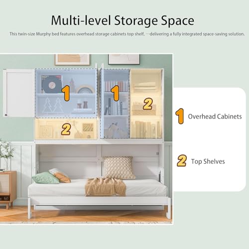 MERITLINE Twin Horizontal Murphy Bed with Storage Cabinet, LED Light and Charging Station,Wood Folding Murphy Wall Bed Cabinet with Bookcase and Shelves for Adult (White)