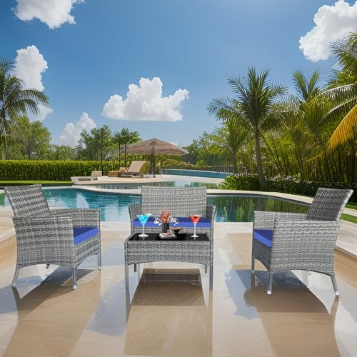 4 piece patio furniture set, Rattan Patio Furniture，Outdoor Wicker Conversation Set with Thick Cushion for Garden, Yard, Porch，Lawn Balcony or Backyard (Dark Coffee Rattan Beige Cushion)