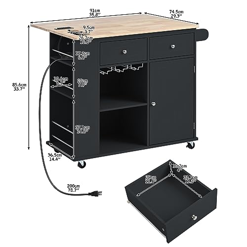 Kitchen Island with Storage, Island Table on Wheels with Drop Leaf, Power Outlet, Large Storage Cabinet, 2 Drawers, Wine Rack, Spice Rack, Portable Trolley Cart for Dining Room (White)