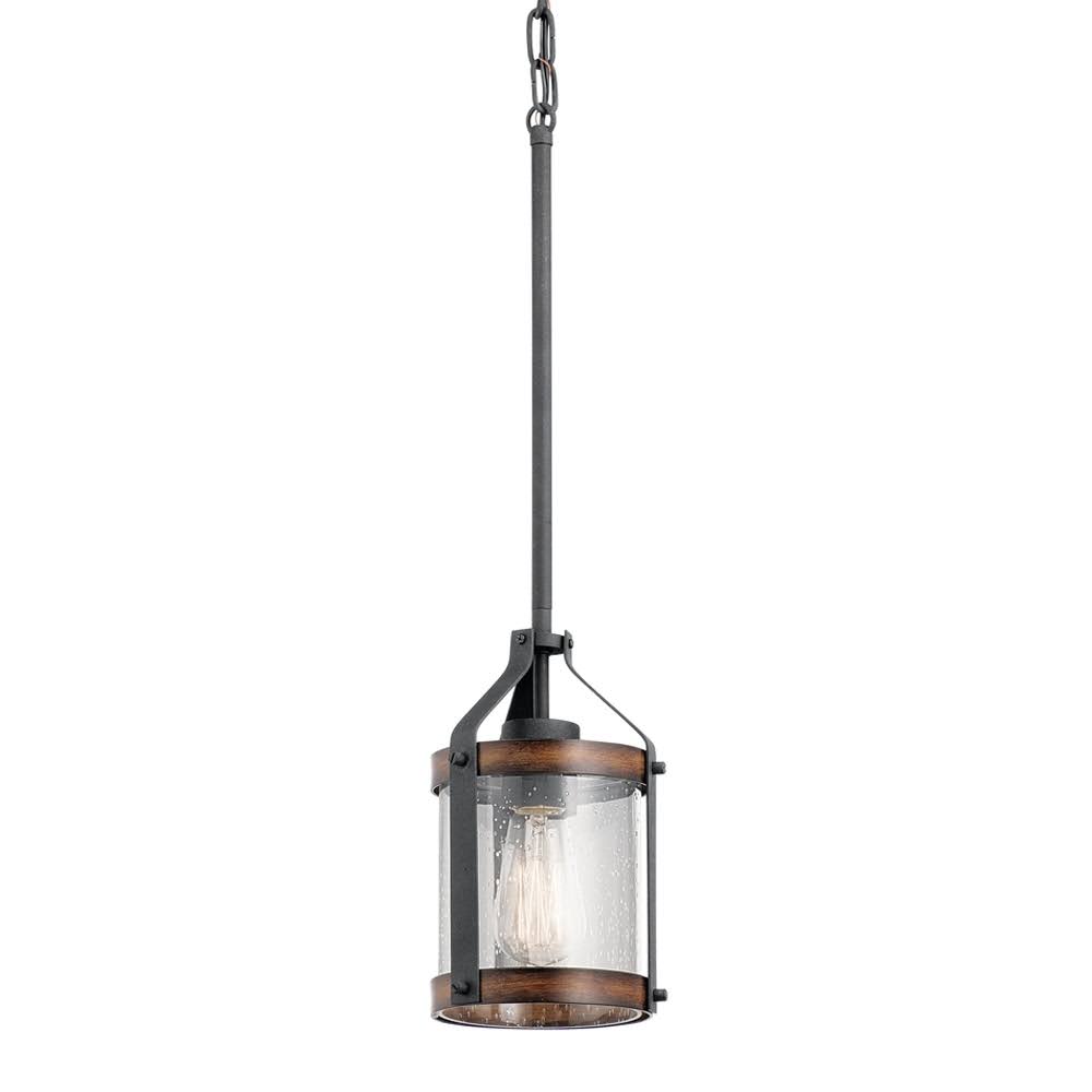 Kichler Barrington Distressed Black/Wood Rustic Seeded Glass Cylinder Pendant