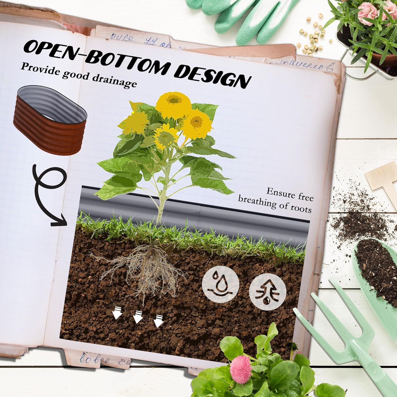 Raised Garden Bed, Galvanized Oval Metal Planter Elevated Garden Box for Gardening, Brown 41.25" L x 23.5" W x 16.5" H