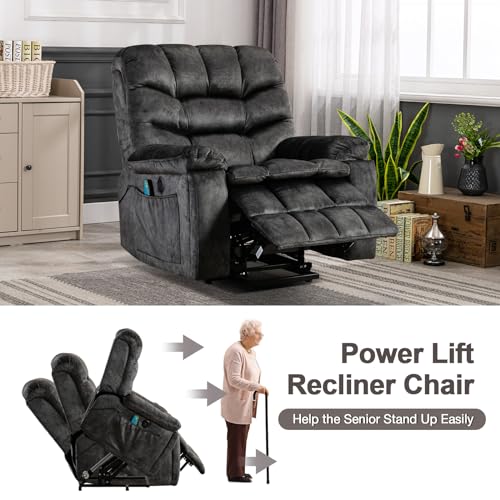 Phoenix Home Large Power Lift Recliner with Massage and Heat for Elderly, Heavy Duty & Safety Motion Reclining Mechanism, Ergonomic Electric Wider Chair with USB Port, 2 Hidden Cup Holders, Brown