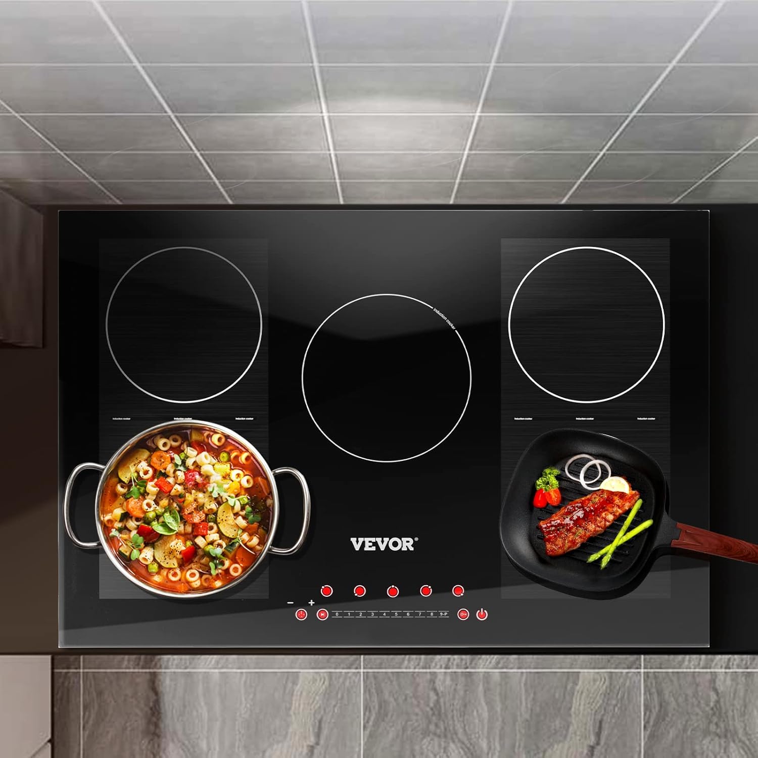 VEVOR Built-in Induction Electric Stove Top 5 Burners,35 Inch Electric Cooktop,9 Power Levels & Sensor Touch Control,Easy to Clean Ceramic Glass Surface,Child Safety Lock,240V