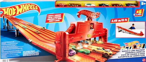 Hot Wheels Toy Car Track Set Super 6-Lane Raceway, 8ft Track that Rolls Up for Storage, 6 1:64 Scale Cars (Amazon Exclusive)
