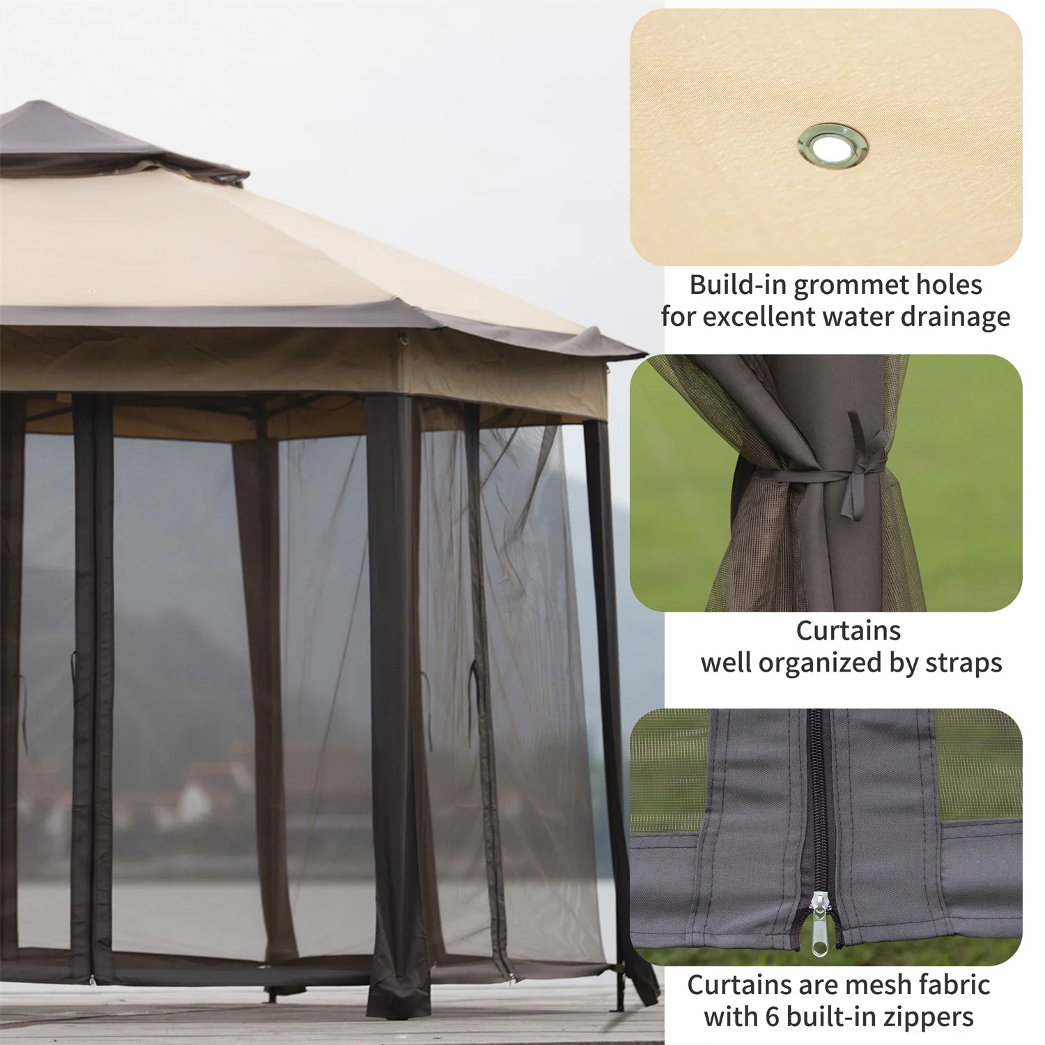 Visentor Patio Gazebo, 13x13FT Outdoor Garden Gazebo Tent with Mosquito Netting Sidewalls