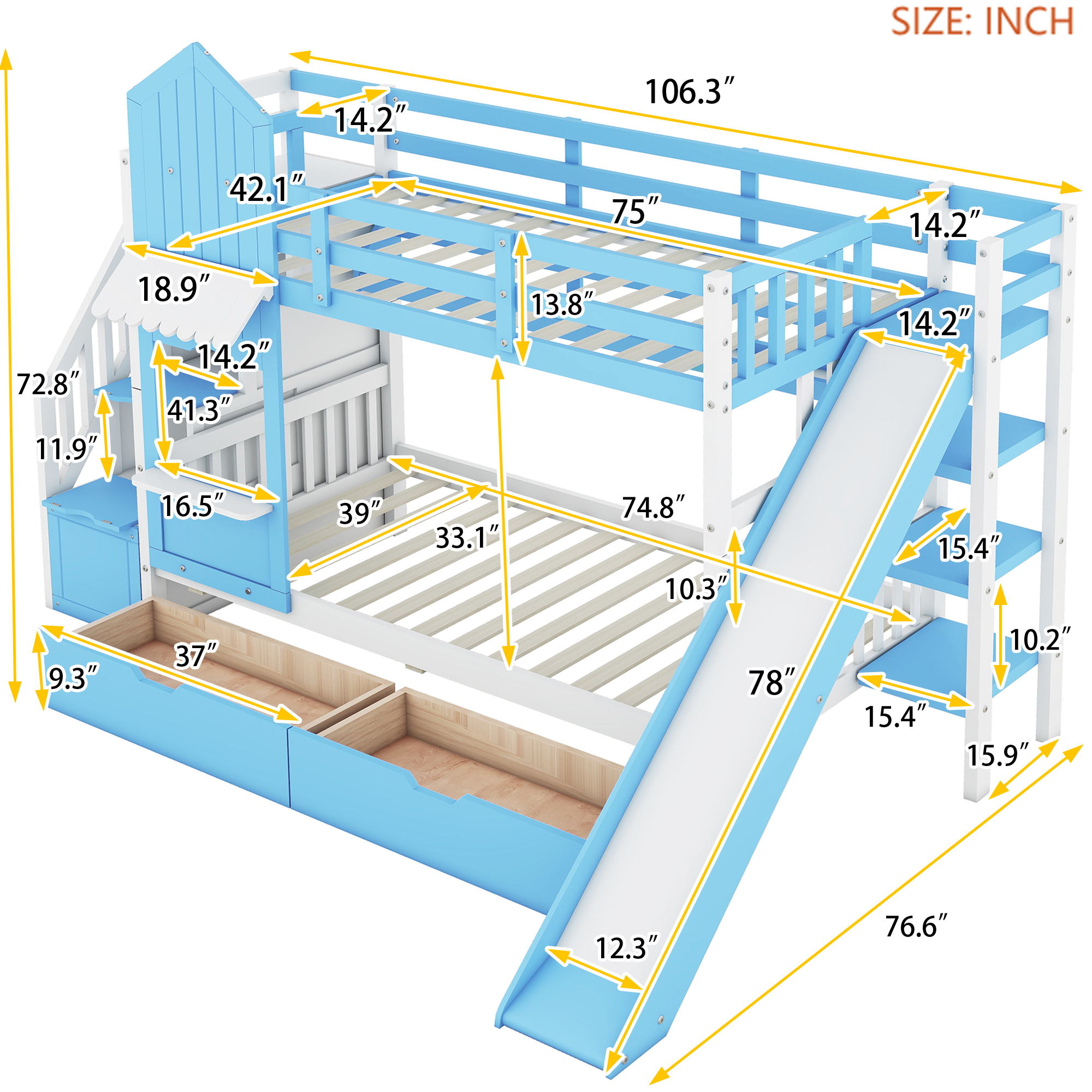 Blue Castle-Themed Twin Bunk Bed with Slide, 2 Drawers & 3 Shelves for Kids' Room