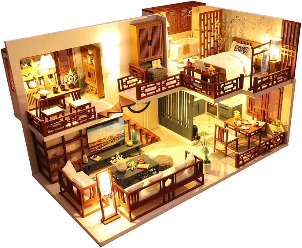 Dollhouse Miniature with Furniture, DIY Dollhouse Kit Plus Dust Proof and Music Movement, 1:24 Scale Creative Room for Valentine's Day Gift Idea
