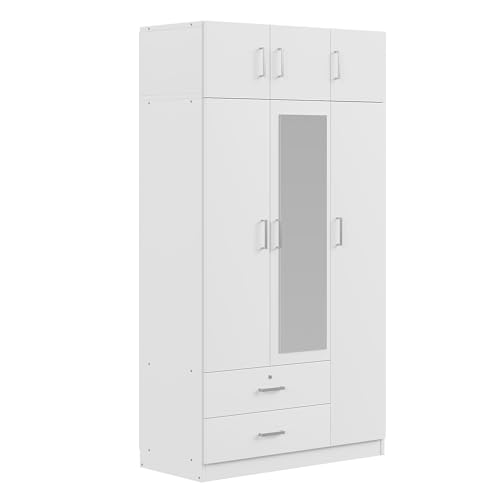 Wardrobe Closet, Wardrobe Closet with Doors, 1 Drawer and Top Cabinet, Modern and Simple Design, Lockable Drawer, Spacious Storage Space, for Bedroom (White,3-Door)