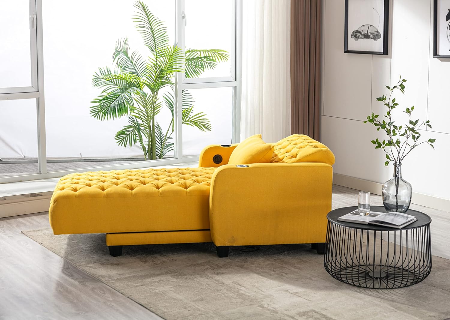 Casual Chaise Lounge Indoor, Button Tufted Upholstered Single Sofa Bed with Pillow, Adjustable Backrest Sleeper Couch Recliner Chair for Bedroom, Living Room, Apartment, Yellow