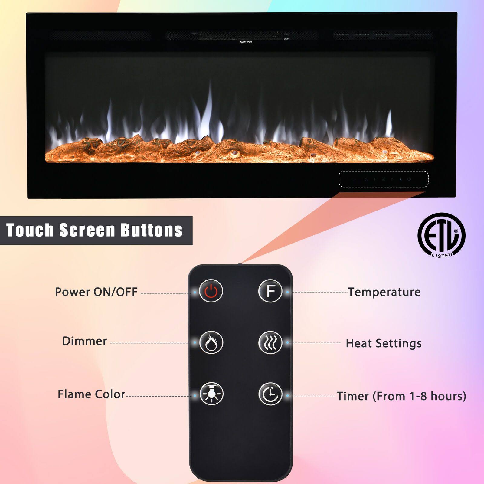 Electric Ultra Thin Wall Mounted Recessed Fireplace - 50-Inch