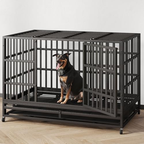 48 Inch Heavy Duty Indestructible Dog Crate Steel Escape Proof, Indoor Double Door High Anxiety Cage, Kennel with Wheels, Removable Tray, Extra Large XL XXL