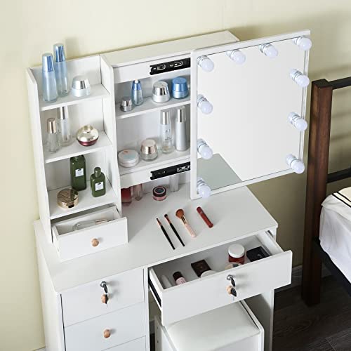 Vanity Desk Set with10 LED Lights, Makeup Vanity Table with Lighted Mirror and Charging Station, Dressing Table Desk with 5 Drawers, White Modern Vanity Set Dresser for Bedroom