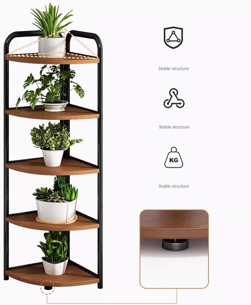 5 Tier Wood Plant Stand, Indoor Corner Metal Flower Rack, Multiple Flower Pot Holder Organizer for Home Garden Patio Bathroom Office Living Room Balcony