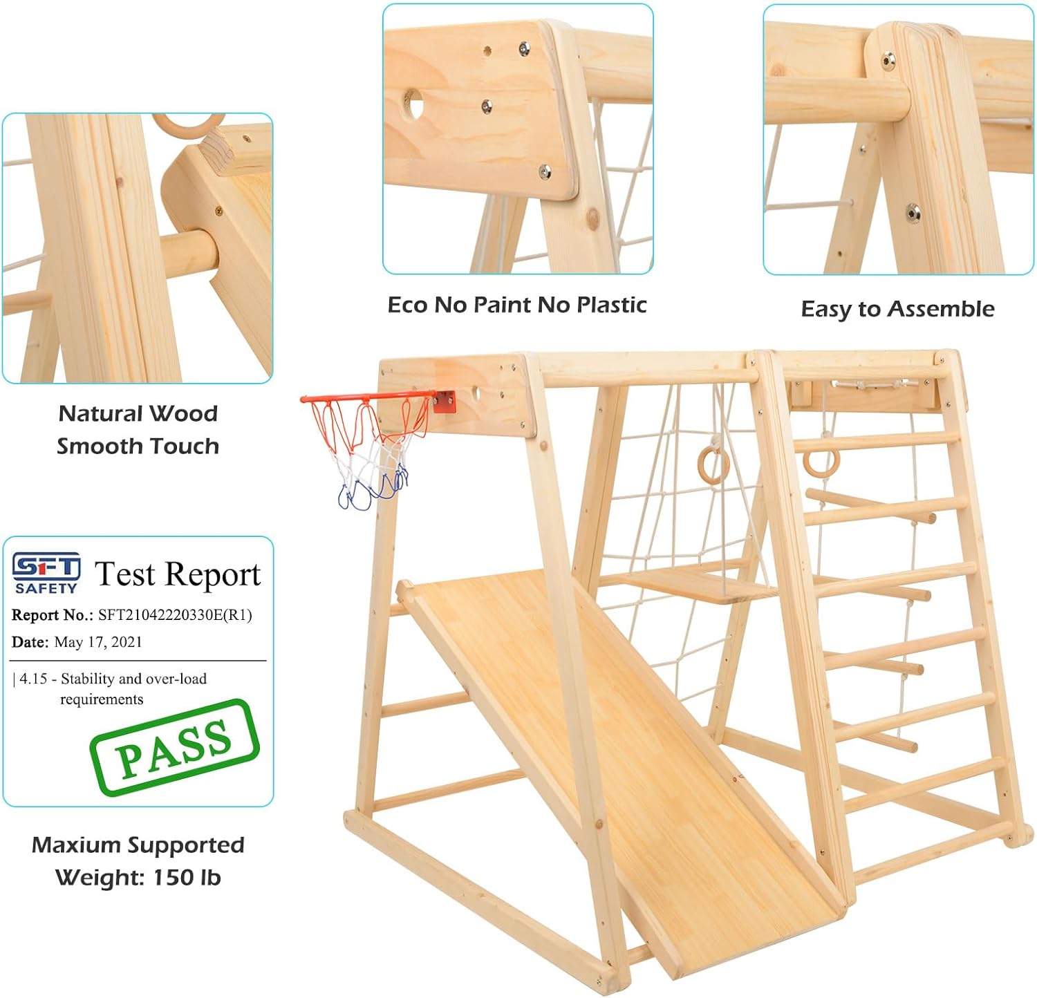 Indoor Playground,Toddler Montessori Wood Playset 9-in-1 with Slide, Basketball, Swing, Jungle Gym, Swedish Ladder, Monkey Bars, Rope Ladder, Rock Wall Dome for Kid Ages 1-6 New