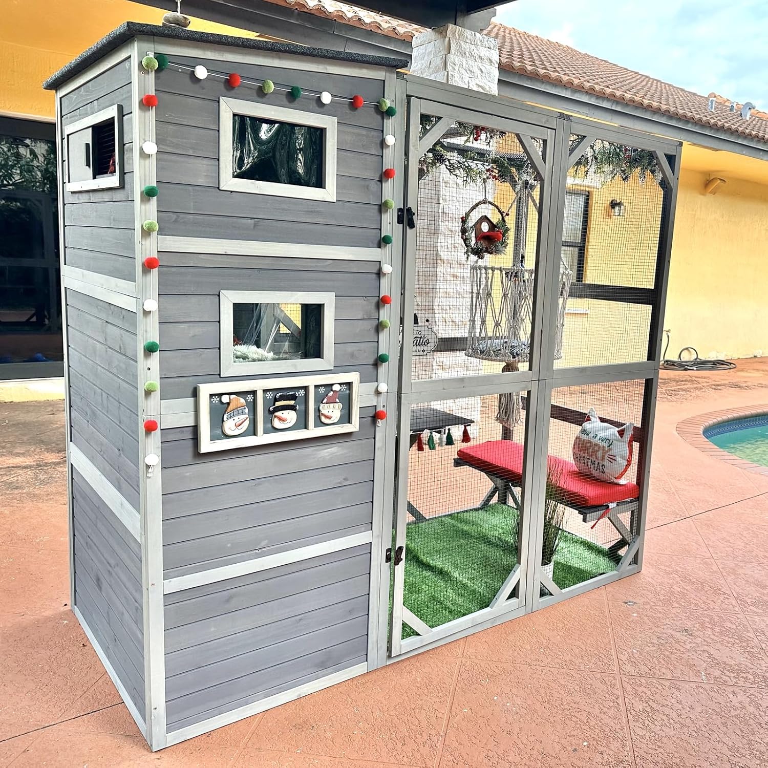 Catio Cat House Outdoor Kitty Enclosures 77" Large Cat Home with Run Cat Cage with Platforms Kitty Playpen,4 Tiers