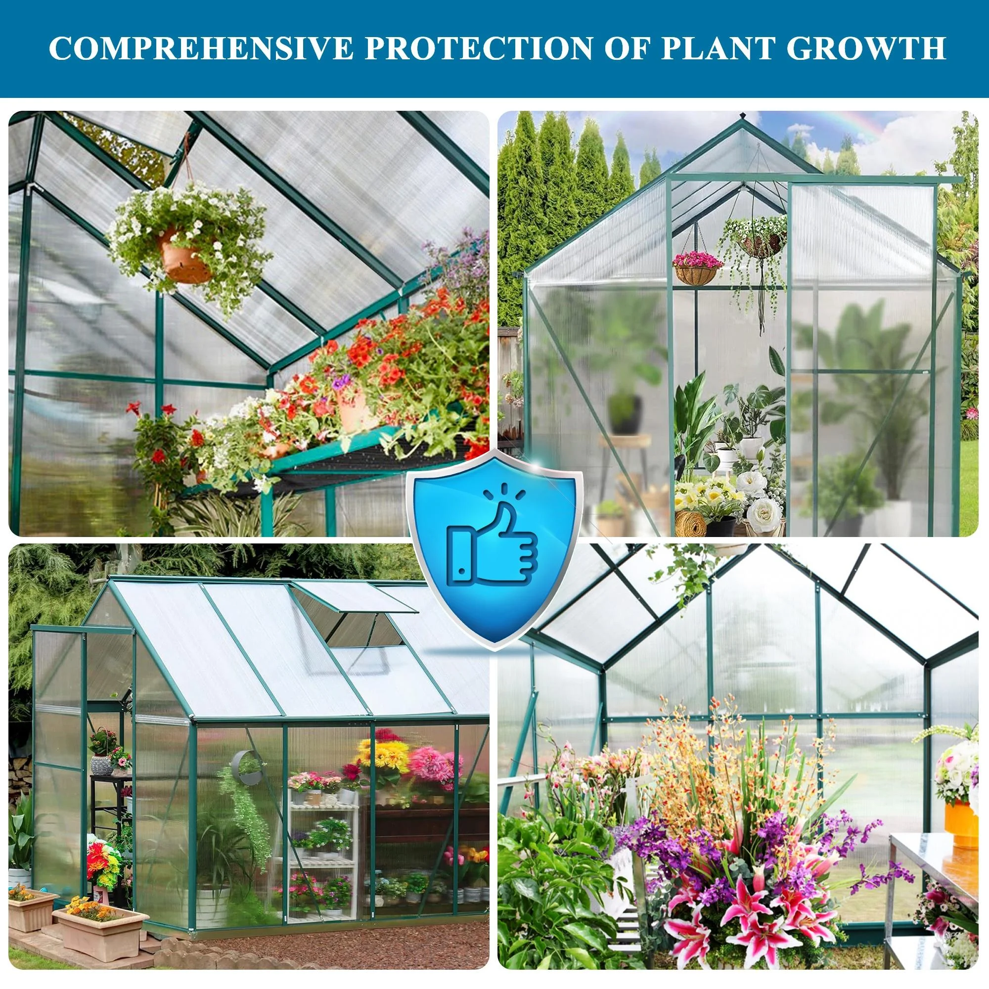 Outdoor Greenhouse Kit, Seizeen Polycarbonate Walk in Green house w/Aluminum Farm, Heavy Duty Garden Greenhouse with Window & Sliding Door, 8x6FT Large Size