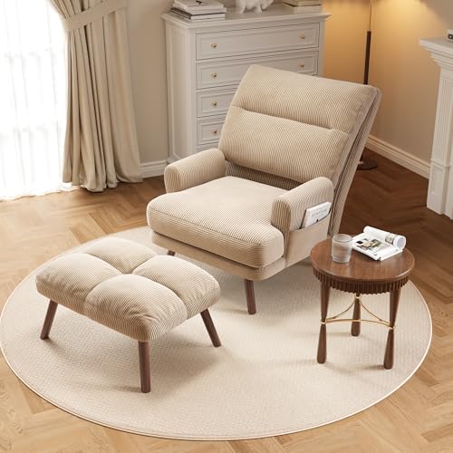 Reading Chair with Ottoman Indoor - Comfy Accent Chair with Ottoman Lounge Chair Armchair,Living Room Chair and Ottoman Set,Bedroom Lazy Chair Adjustable Thick Padded Backrest (Green)