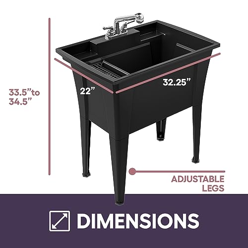 Standing Utility Sink with 1-Handle Pull-Down Gooseneck Faucet – 32” Utility Sinks for Laundry Room, Garage, Garden, Basement – Noah William Home Indoor and Outdoor Basement Wash Tub (Black)