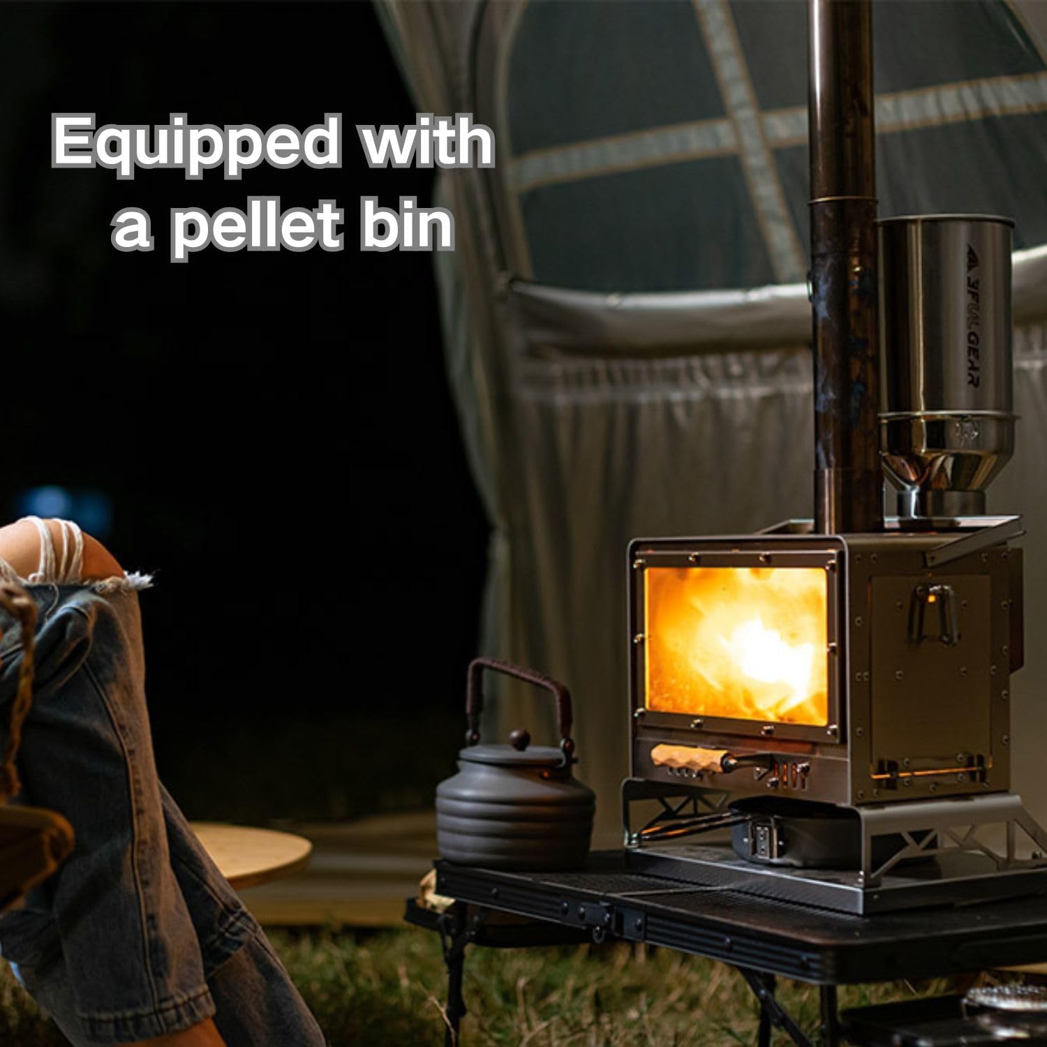 3F UL GEAR Portable Outdoor Wood Burning Stove with Chimney Pipe, Tent Heater & Stove with Fireproof Glass Window, Camping Stove Oven With Pellet Bin for Backpacking,Fishing, Hiking,Picnic
