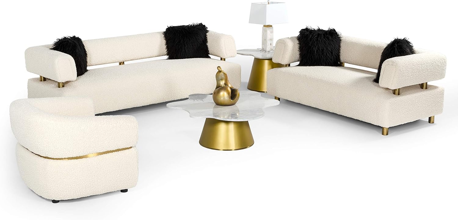 Blanka Collection Glam Style Polyester Fabric Upholstered Sofa with Tuxedo Arms and Brushed Gold Stainless Steel Legs, Beige