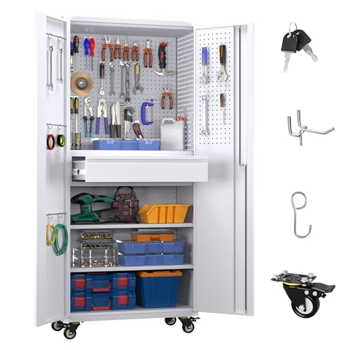 73" H Metal Storage Cabinet with Wheels, Garage Storage Cabinet with 4 Adjustable Shelves and Lockable Doors for Garage Home Office Utility Room,Required Assembly,Black