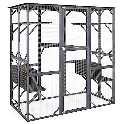 Tangkula Catio Outdoor Cat Enclosure Large, 72 Inch Tall Wooden Cat House with Weatherproof Asphalt Roof, Cat Cage Playpen on Wheels with 4 Platforms & 2 Resting Boxes, Walk-in Cat Kennel Condo