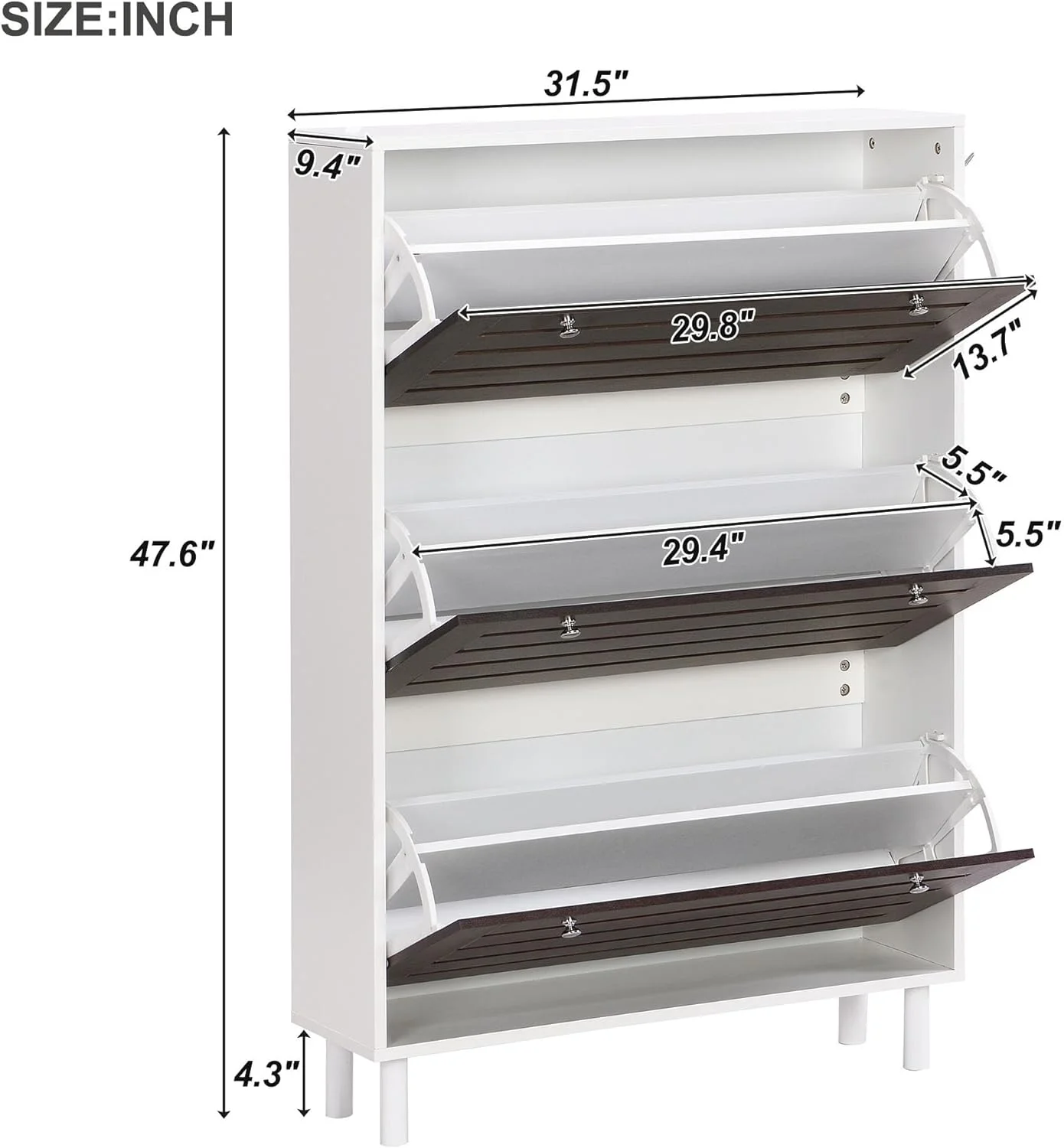 Minimalist Slim Shoe Cabinet with Hanging Hooks, Slits Design Panels Entryway Organizer with 3 Flip Drawers, Free Standing Shoe Rack with Adjustable Panel for Hallway