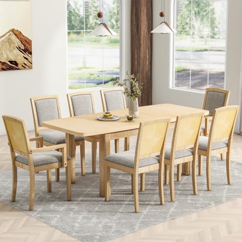 Dining Table Set for 8, Extendable Dining Table Set with Removable Leaf, Kitchen Table Set with Upholstered Side Chair and Arm Chair for Dining Room