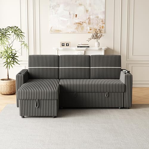 L-Shaped Sleeper Sectional Sofa Bed with Storage Chaise, Convertible Sleeper Sofa Pull Out Couch Bed, Corduroy Upholstered 3 Seater Corner Sofa with Cup-holder, USB Charge Port, Brown