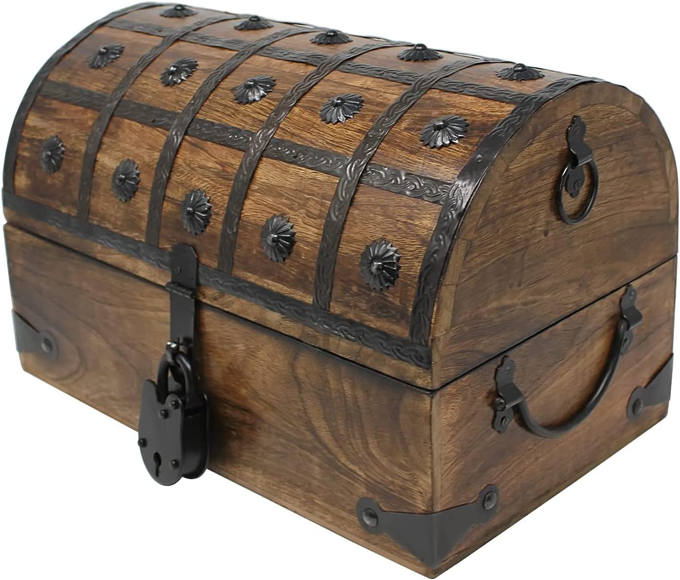 Nautical Cove Pirate Treasure Chest with Iron Lock and Skeleton Key - Storage and Decorative Box (X-Large 16 x 11 x 10.5)