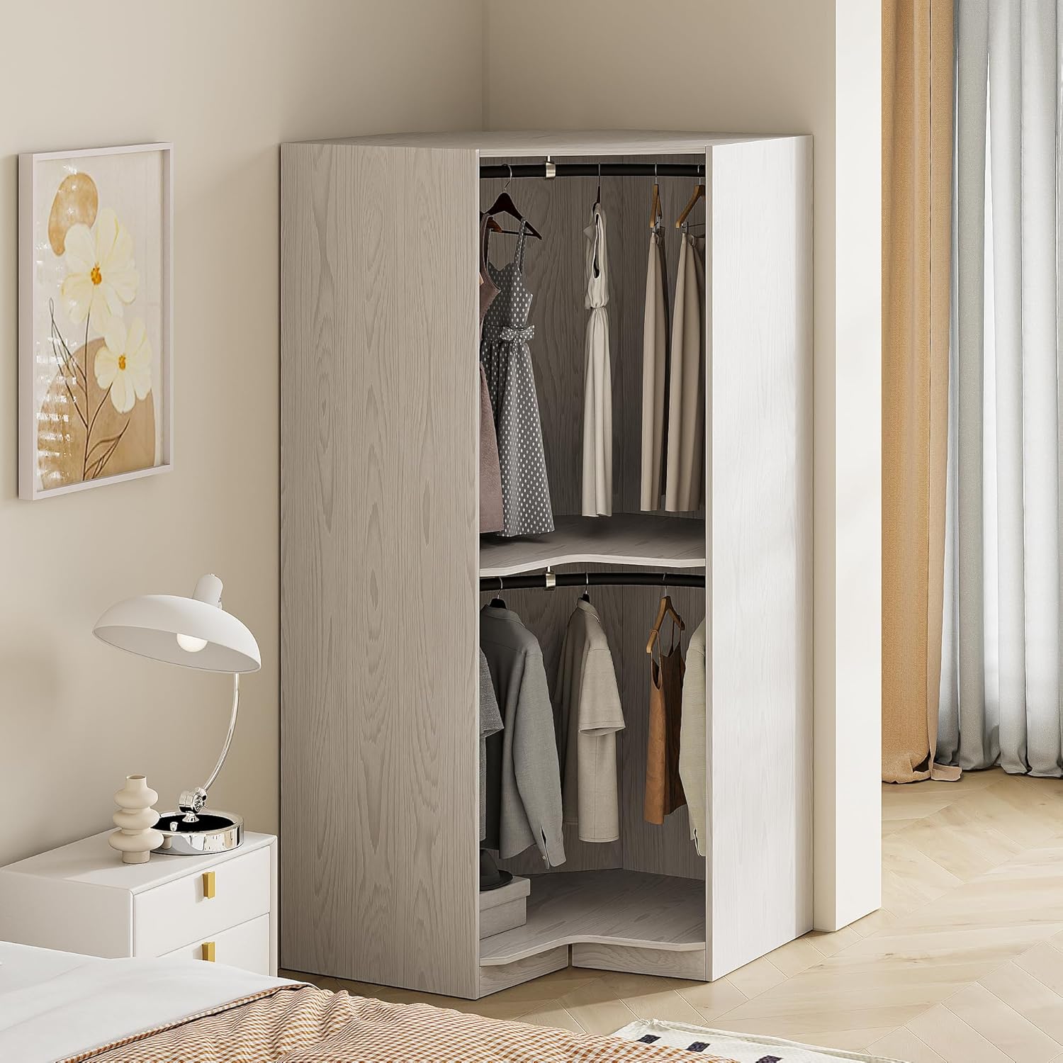 Corner Armoire Wardrobe Closet Cabinet with Hanging Rail, Freestanding Wooden ClosetCabinet for Bedroom,roperos para guardar ropa, 64" H, Natural