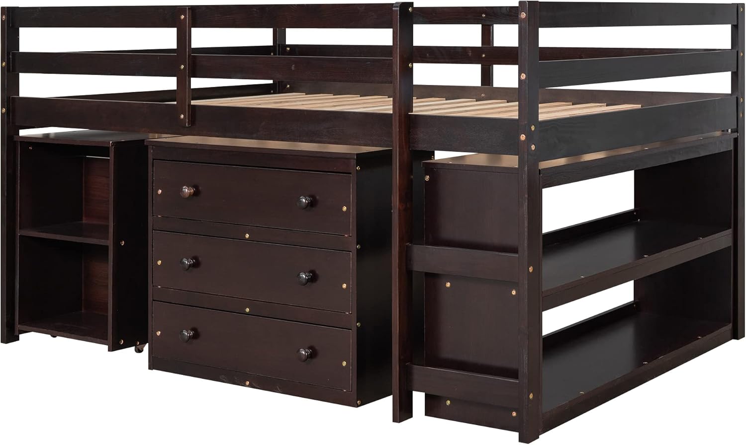 Low Study Full Loft Bed with Cabinet,Shelves and Rolling Portable Desk,Multiple Functions Bed- Espresso