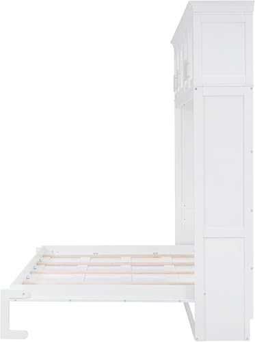 MERITLINE Queen Horizontal Murphy Bed Cabinet with Storage Bookcase Shelves and Charging Station,Wood Folding Grey Murphy Wall Bed for Adult