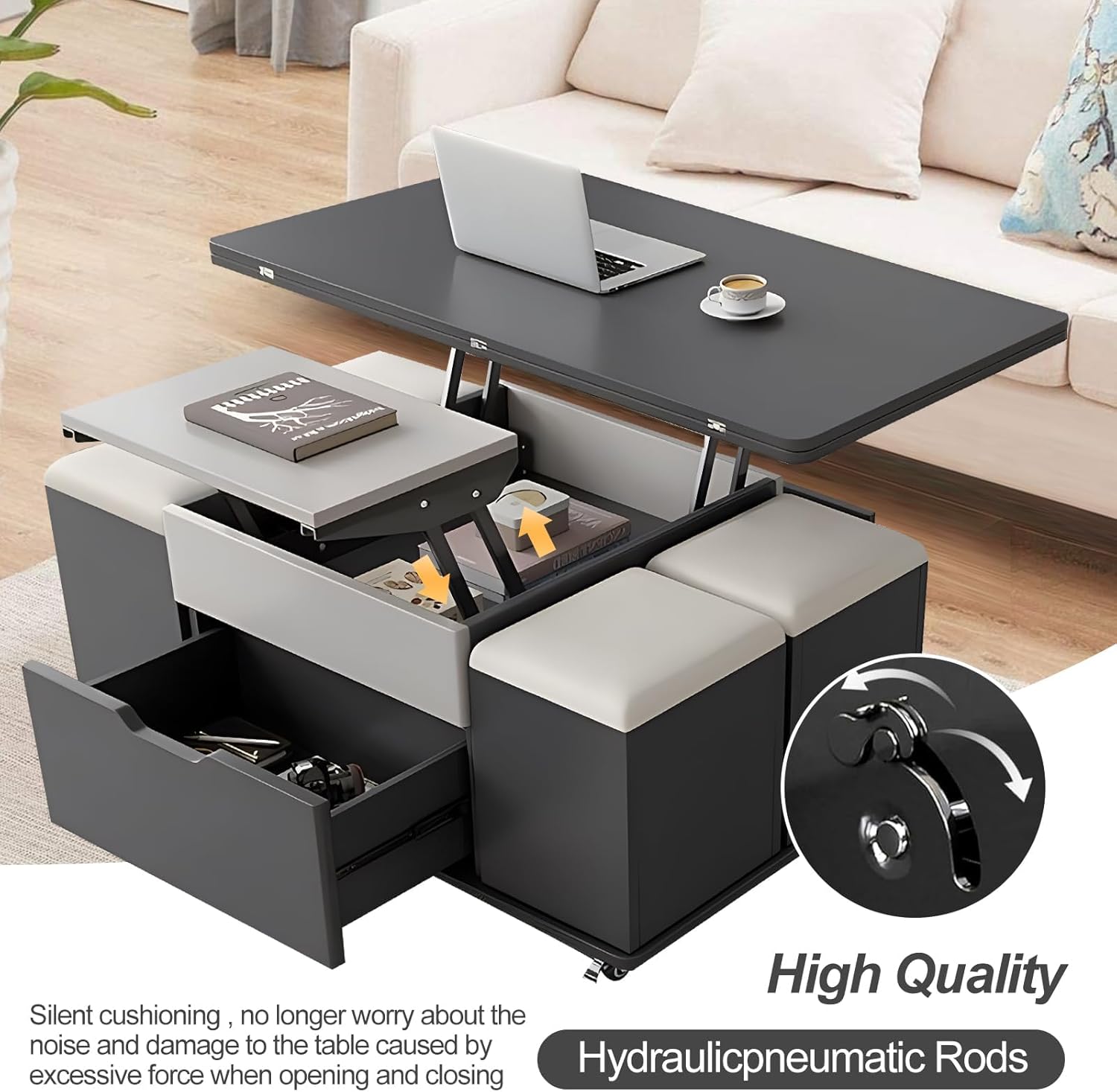 Lift Top Coffee Table,3-in-1 Multi-Functional Center Table, 4 Storage Bench, Height Adjustable Tea Table with Universal Wheel 39.37”Modern Table Dining Table for Living Reception